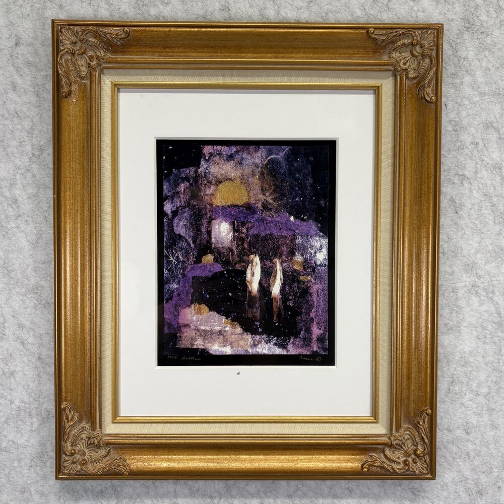 Jane Asari Two Sisters Mixed Media Collage Art Vertical Gold Framed Purple